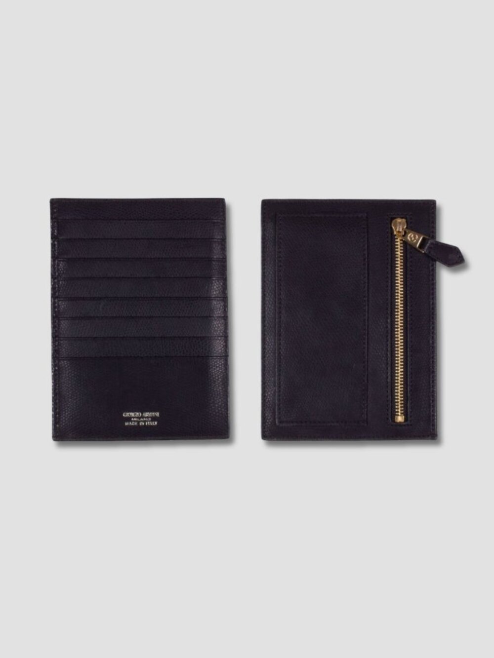 GIORGIO ARMANI Black Grained Leather Card Holder Zipper Coin Pocket Wallet